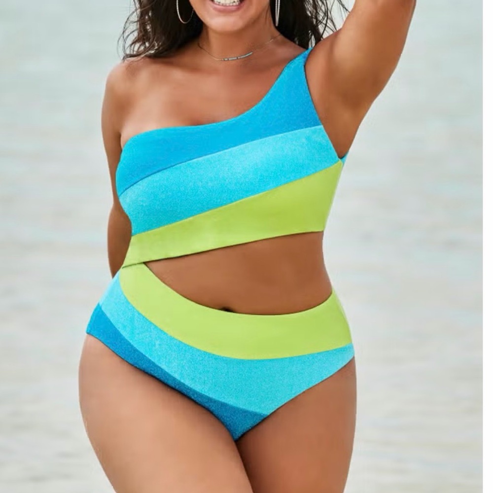One Shoulder CutOut Sparkle Colorblock One Piece Plus Size 24 
Swimsuits For All